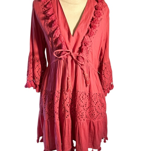 Sundance Renata Pink Beach Boho Tassel Eyelet Tiered Ruffle Sleeve Dress - Picture 3 of 13